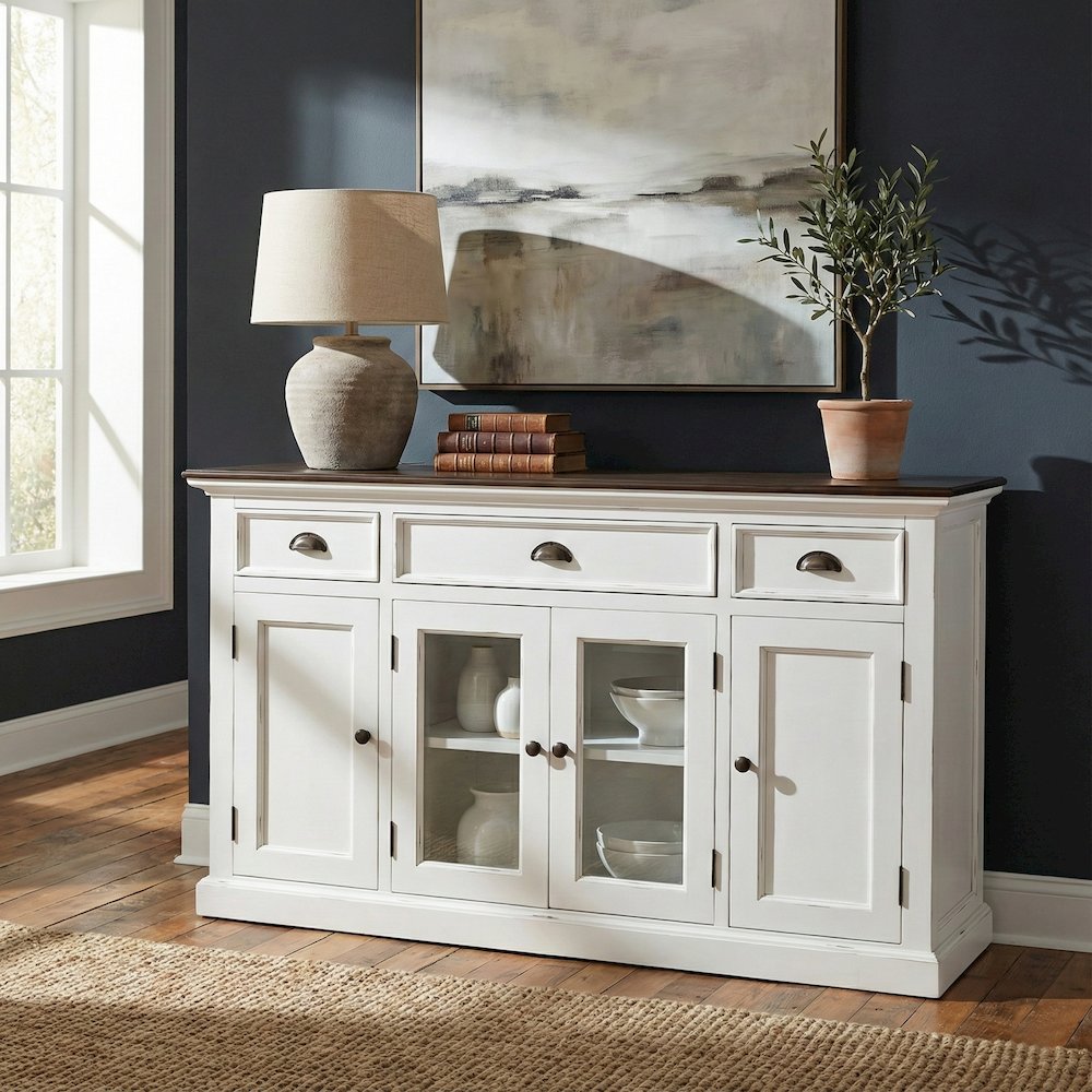 Halifax Accent White Distress & Deep Brown Buffet with 4 Doors 3 Drawers. Picture 1