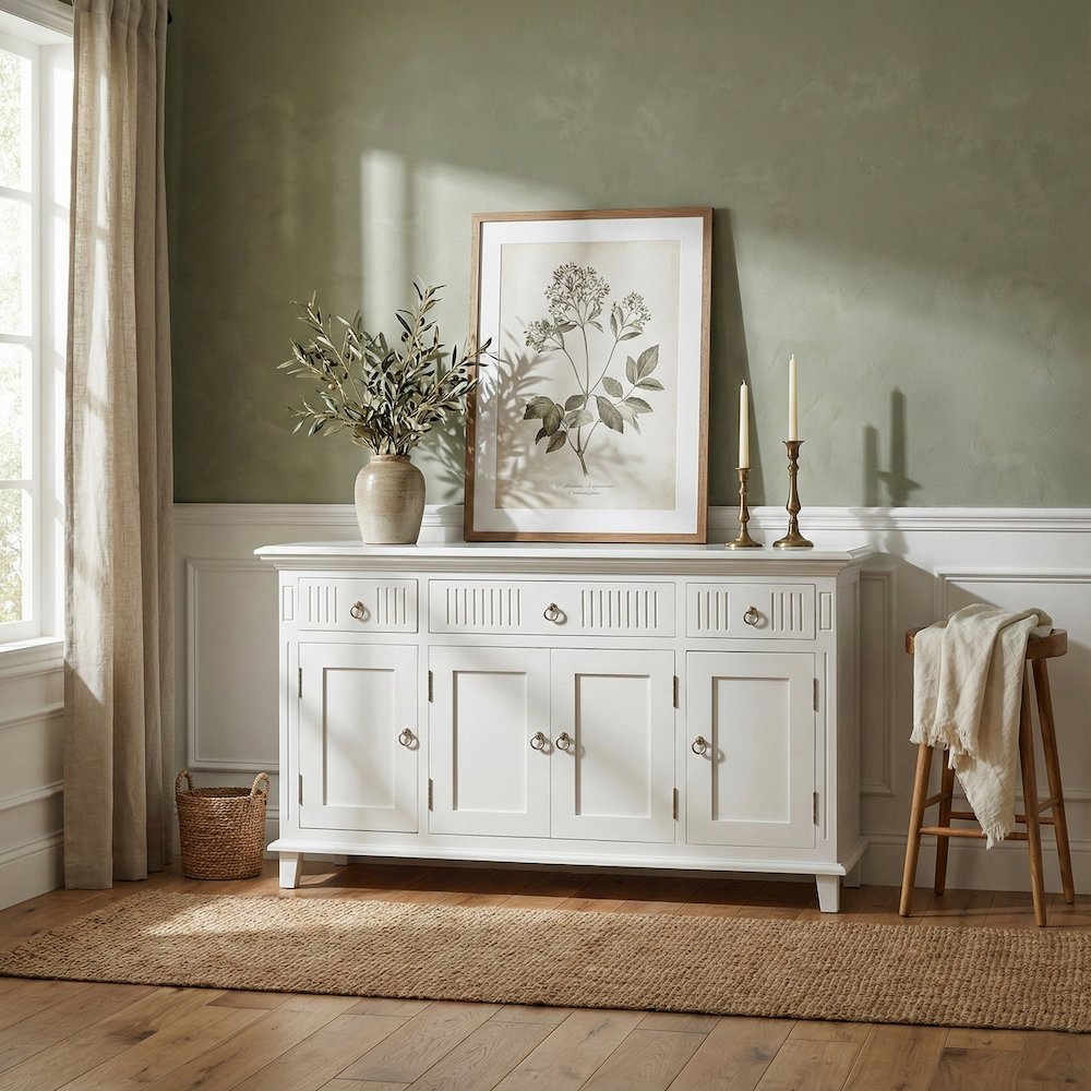 Skansen Classic White Buffet with 4 Doors 3 Drawers. Picture 1