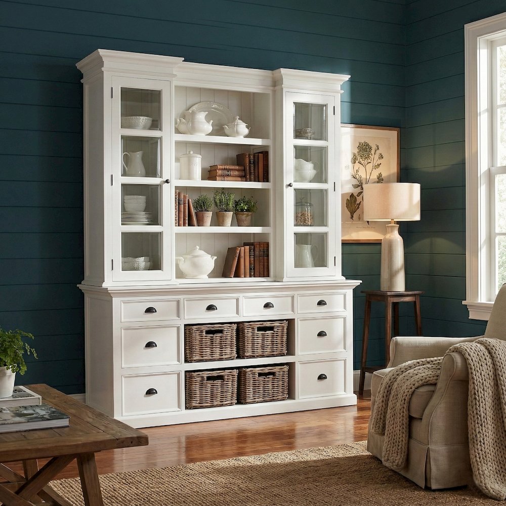 Halifax Classic White Library Hutch with Basket Set. Picture 1