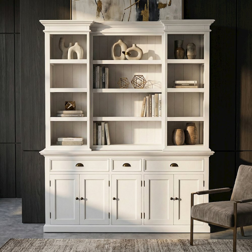 Halifax Classic White Kitchen Hutch Cabinet with 5 Doors 3 Drawers. Picture 1