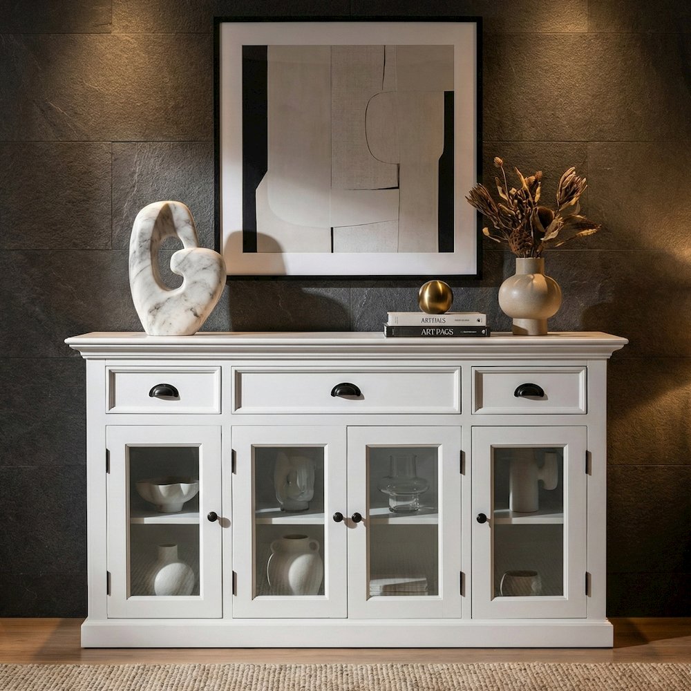 Halifax Classic White Buffet with 4 Glass Doors 3 Drawers. Picture 1