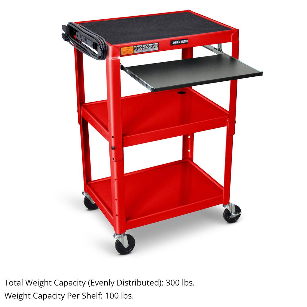 Adjustable-Height Three-Shelf Media Utility Cart - Pullout Keyboard Tray, Red. Picture 4