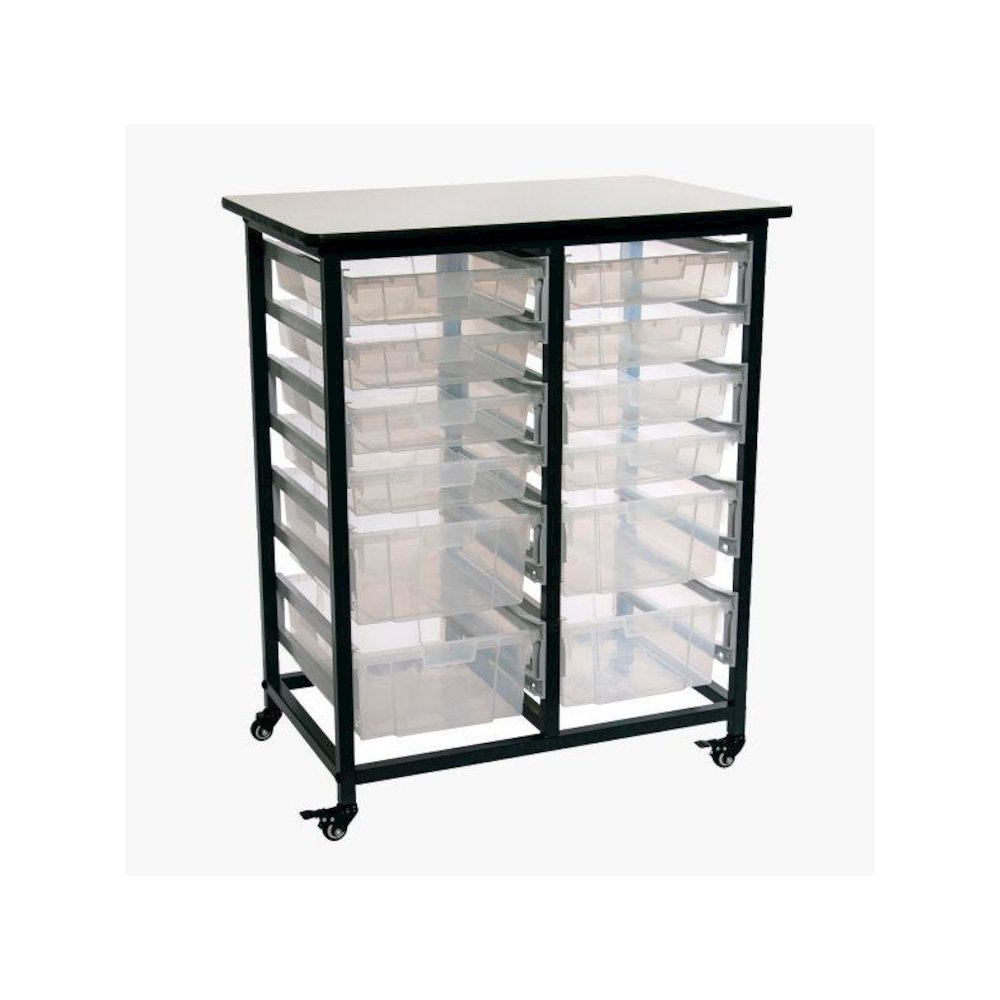MOBILE BIN STORAGE UNIT DOUBLE ROW WITH LARGE AND SMALL CLEAR BINS. Picture 1