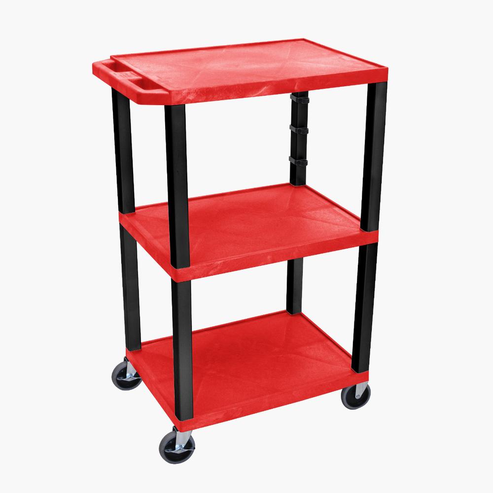42"H 3-Shelf Utility Cart - Red Shelves, Black Legs. Picture 2