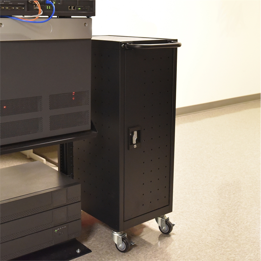 Black 12 Chromebook Charging Cart Includes Electrical Outlets. Picture 2