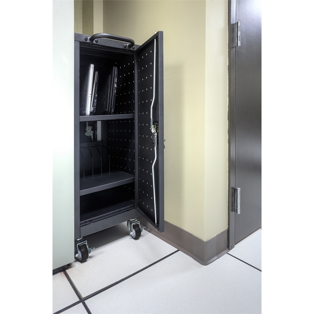 Black 12 Chromebook Charging Cart Includes Electrical Outlets. Picture 4
