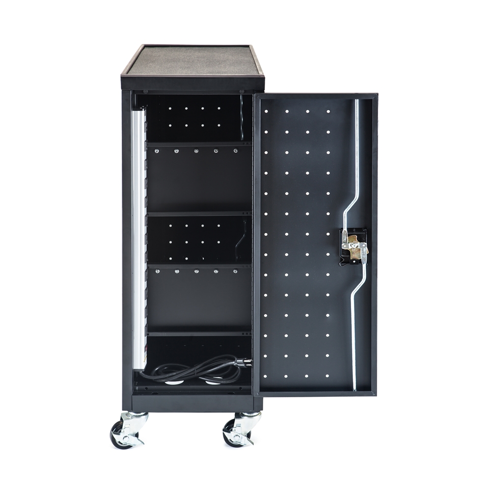 Black 12 Chromebook Charging Cart Includes Electrical Outlets. Picture 7