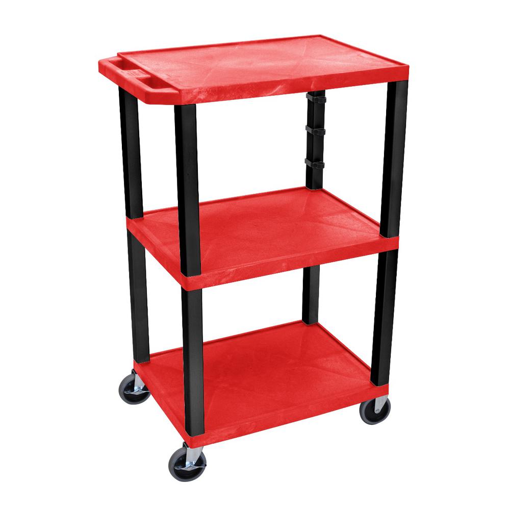 42"H 3-Shelf Utility Cart - Red Shelves, Black Legs. Picture 3