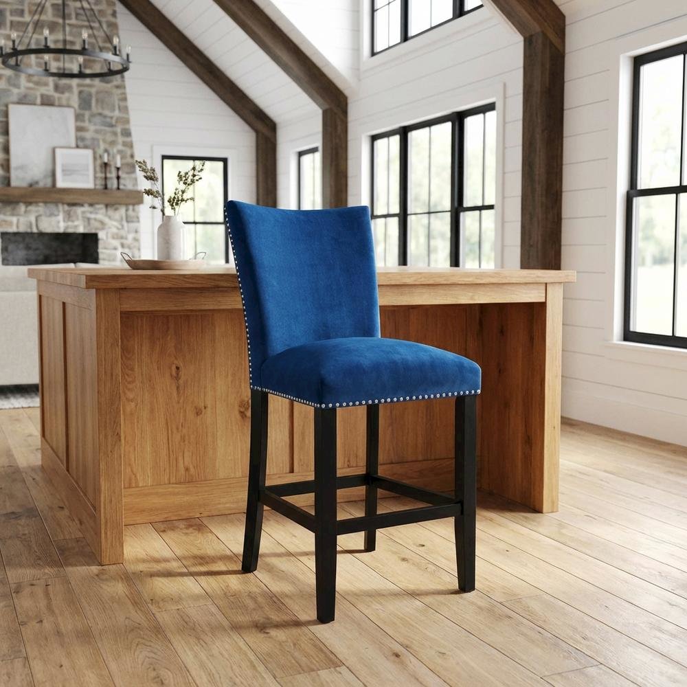 Velvet Upholstered Counter Stool, Glam Accent Chair for Kitchen Dining,Blue. Picture 2