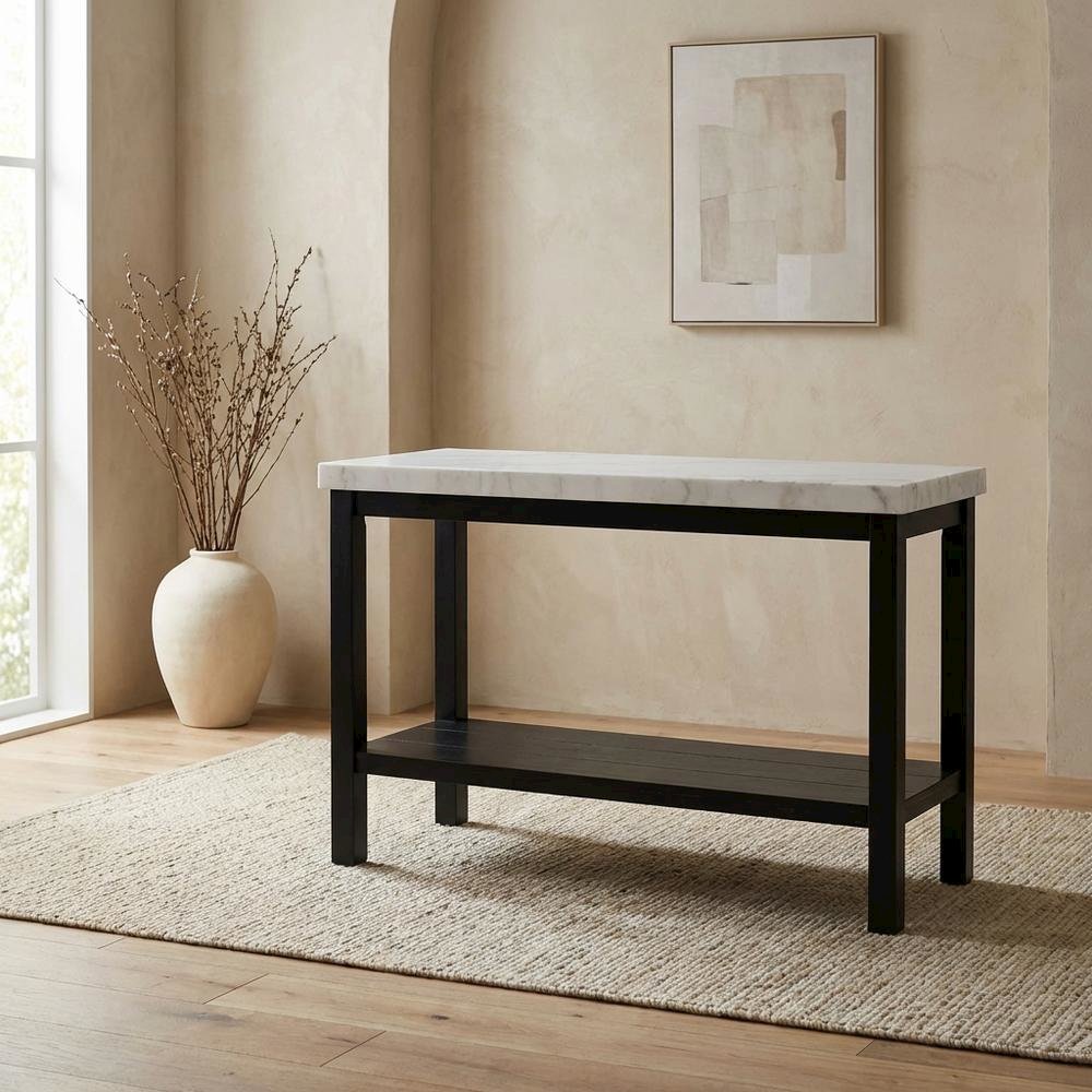 Rectangle Sofa Table, Marble Top, Transitional Console Table,Living Room,White. Picture 3
