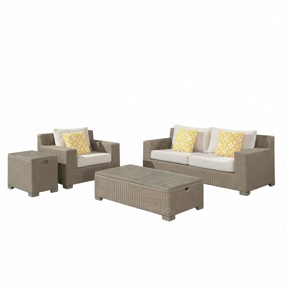 Rectangular Tan Coffee Table with Wood Legs and Transitional Design. Picture 1