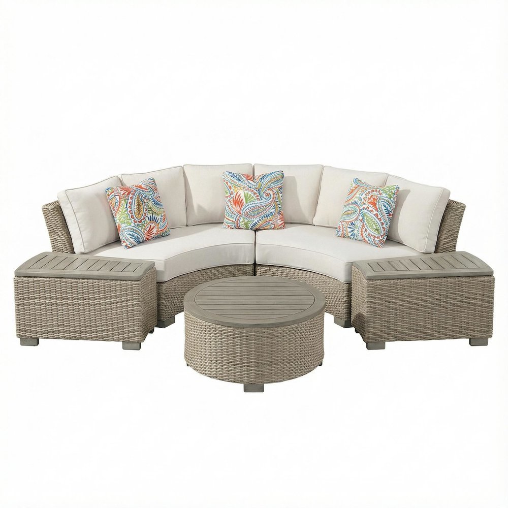 Tan Round Outdoor Coffee Table with Wood Legs and Transitional Design. Picture 1