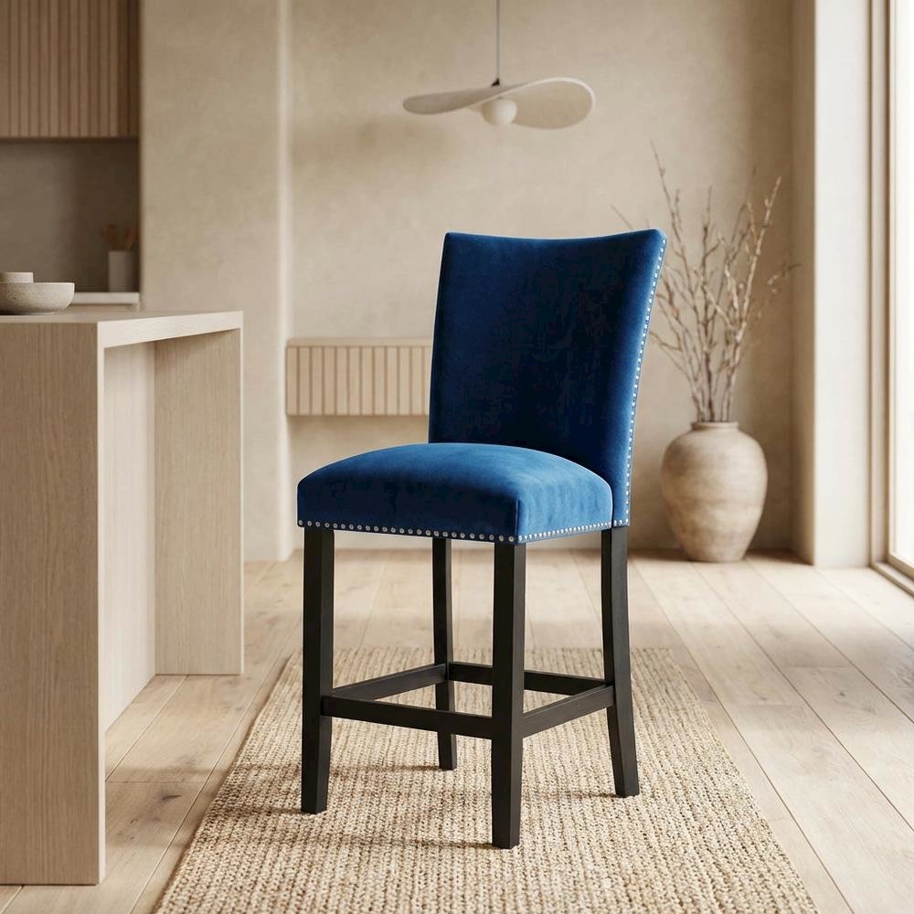 Velvet Upholstered Counter Stool, Glam Accent Chair for Kitchen Dining,Blue. Picture 3