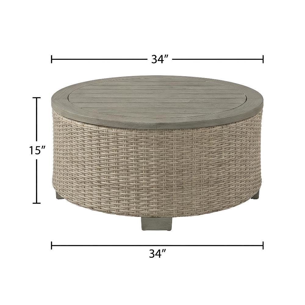 Tan Round Outdoor Coffee Table with Wood Legs and Transitional Design. Picture 4
