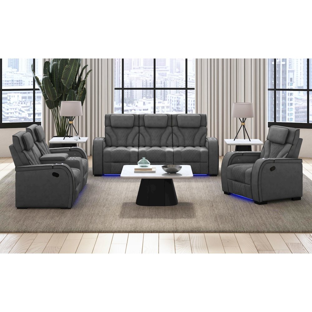 Tundra Motion Loveseat with Console, and LED in Simba Slate and Black Welt. Picture 2