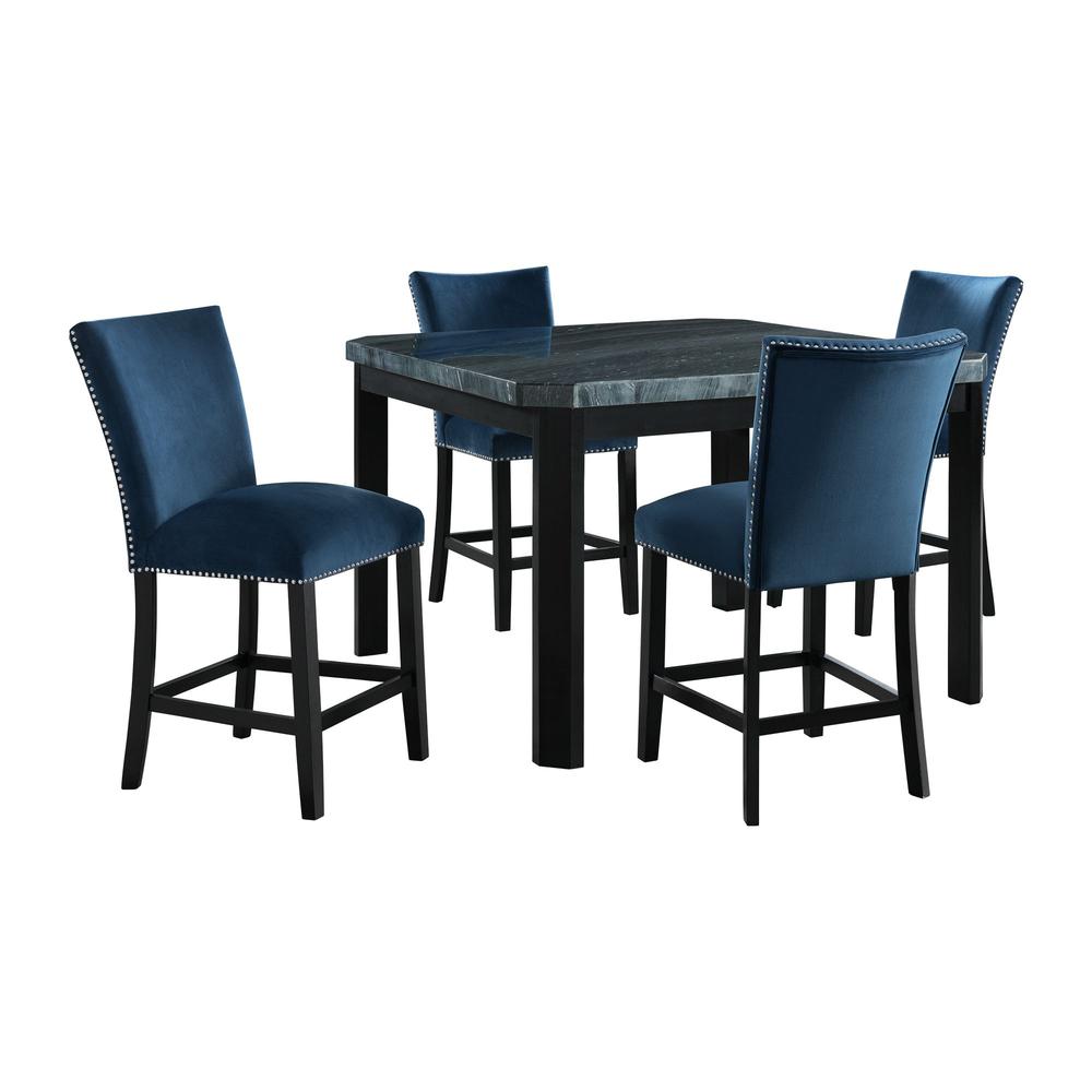 Celine Square 5PC Counter Dining Set- Table & Four Blue Velvet Chairs. Picture 2