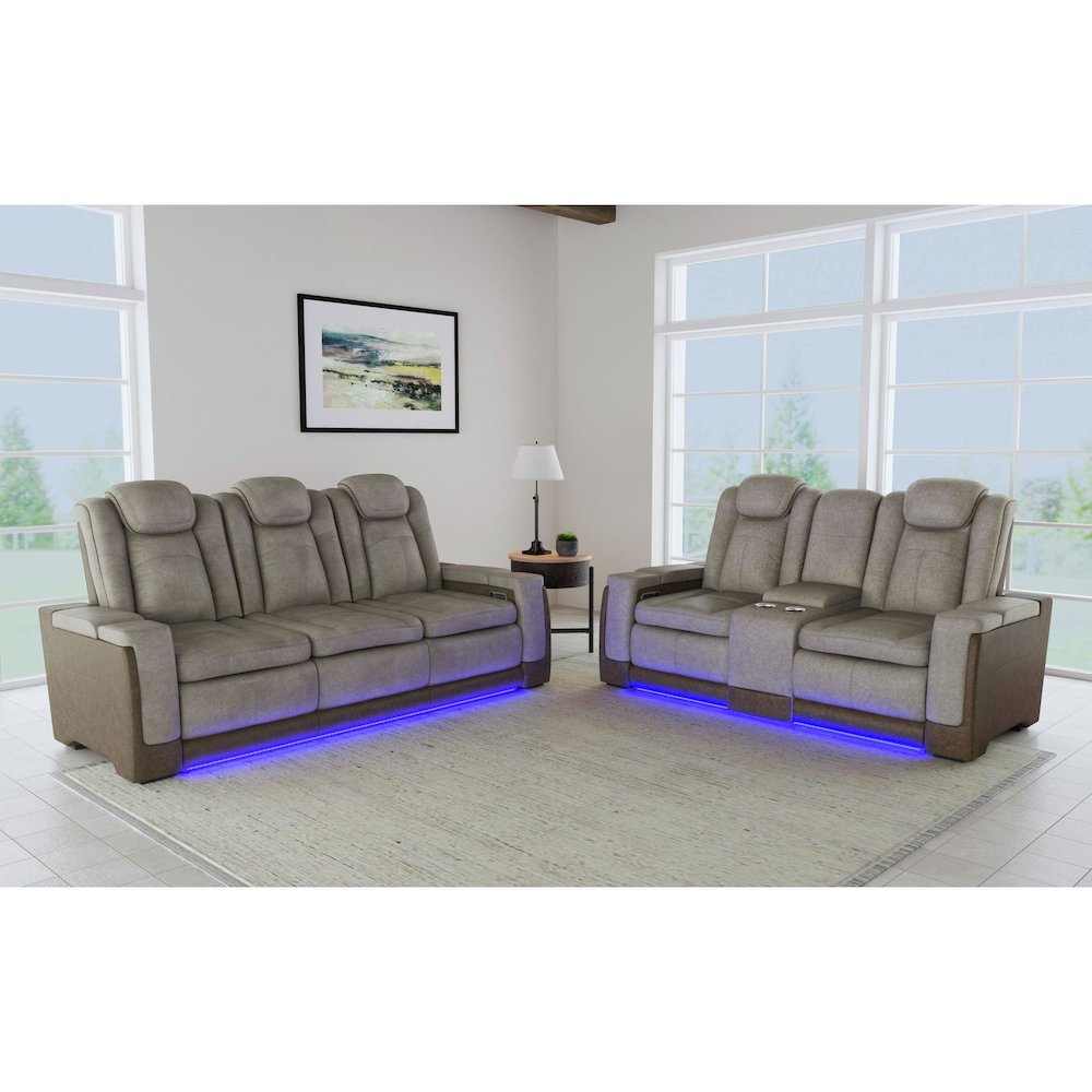 Power Motion Loveseat with Power Headrest, Led, and Console in Rocky Grey/Brown. Picture 8
