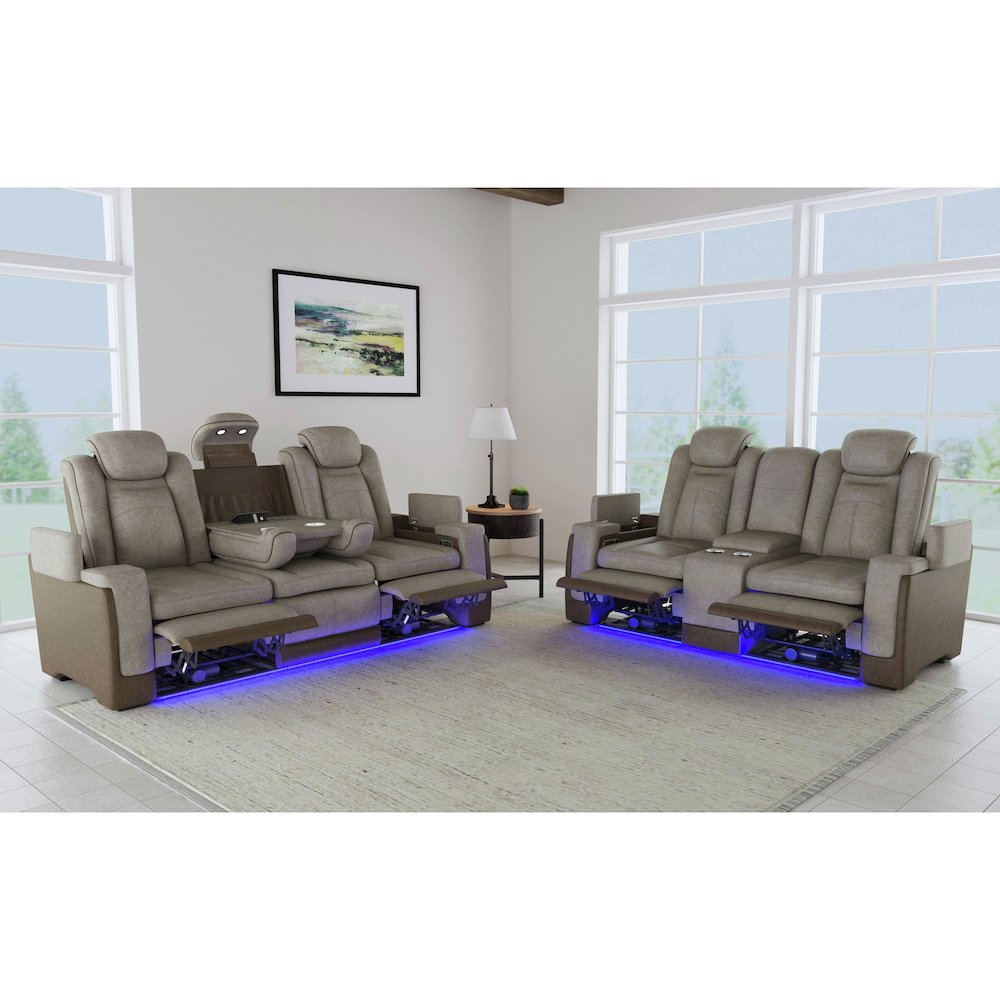 Power Motion Loveseat with Power Headrest, Led, and Console in Rocky Grey/Brown. Picture 9