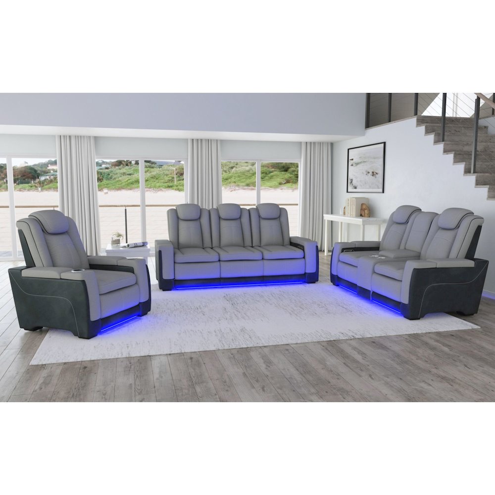 Power Motion Loveseat with Headrest, Led, and Console in Rocky Cement/Charcoal. Picture 4
