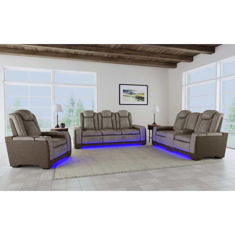 Power Motion Loveseat with Power Headrest, Led, and Console in Rocky Grey/Brown. Picture 5
