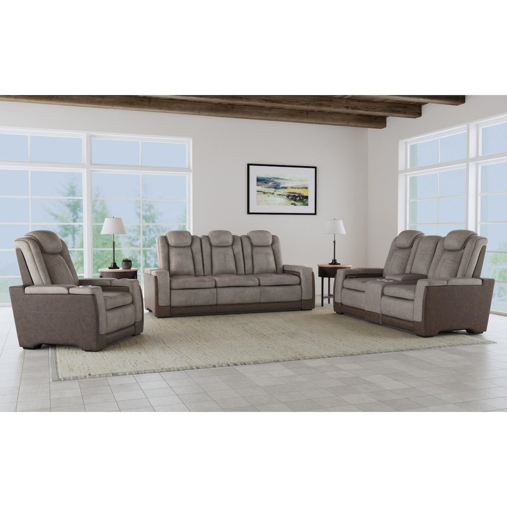 Power Motion Loveseat with Power Headrest, Led, and Console in Rocky Grey/Brown. Picture 6