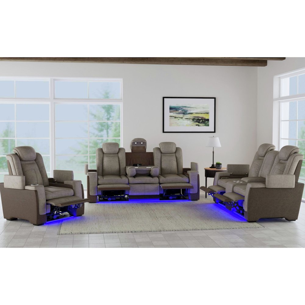 Power Motion Loveseat with Power Headrest, Led, and Console in Rocky Grey/Brown. Picture 7