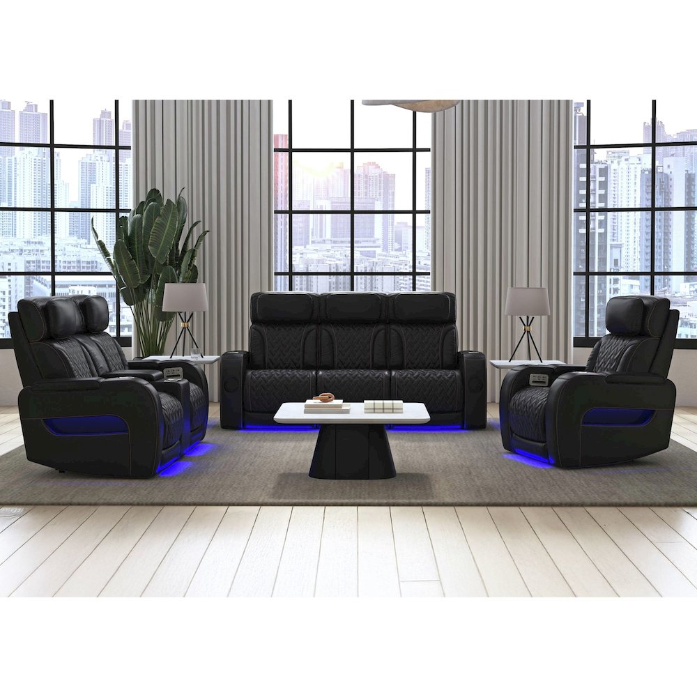 P3 Recliner with LED and wireless charger pocket in Jett Black, Red Stitching. Picture 9
