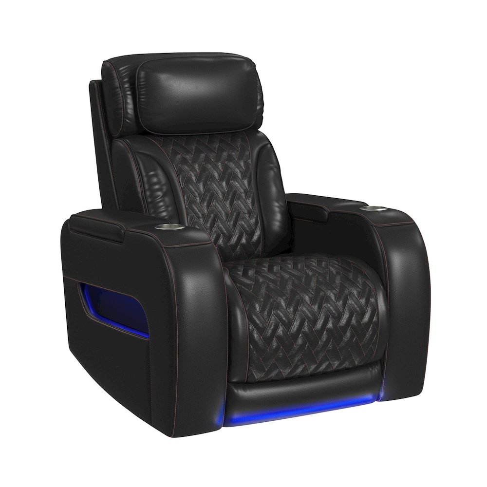 P3 Recliner with LED and wireless charger pocket in Jett Black, Red Stitching. Picture 1