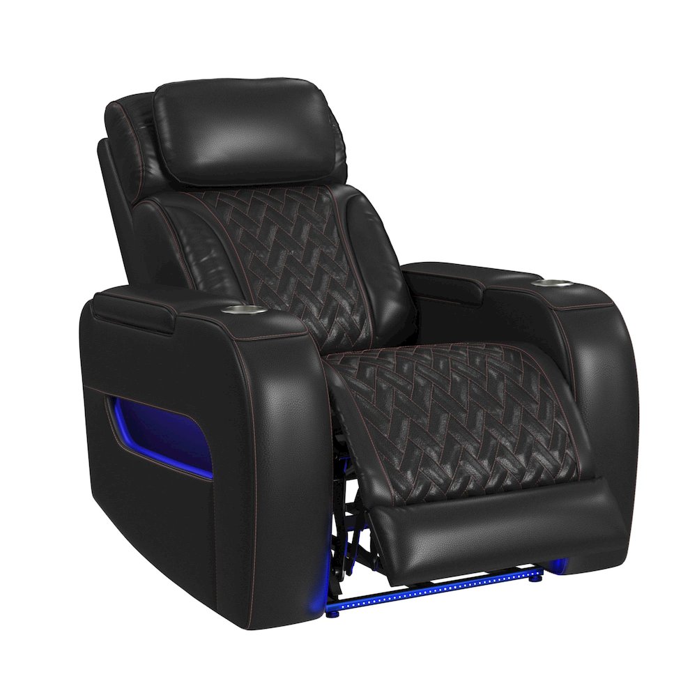 P3 Recliner with LED and wireless charger pocket in Jett Black, Red Stitching. Picture 2