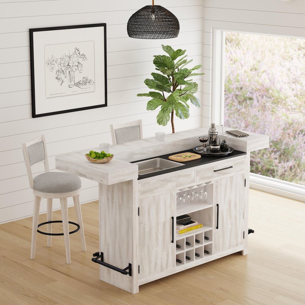 Rogen Rustic Swivel Bar Stool with Grey Fabric in Rustic White (2 Per Carton). Picture 7