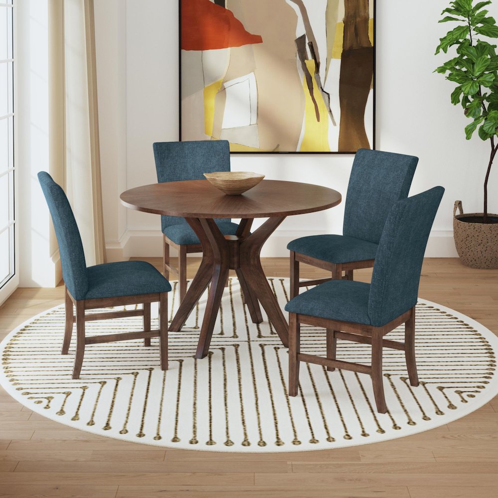 Veronica Dining Side Chair with Denim Blue Fabric in Walnut. Picture 2