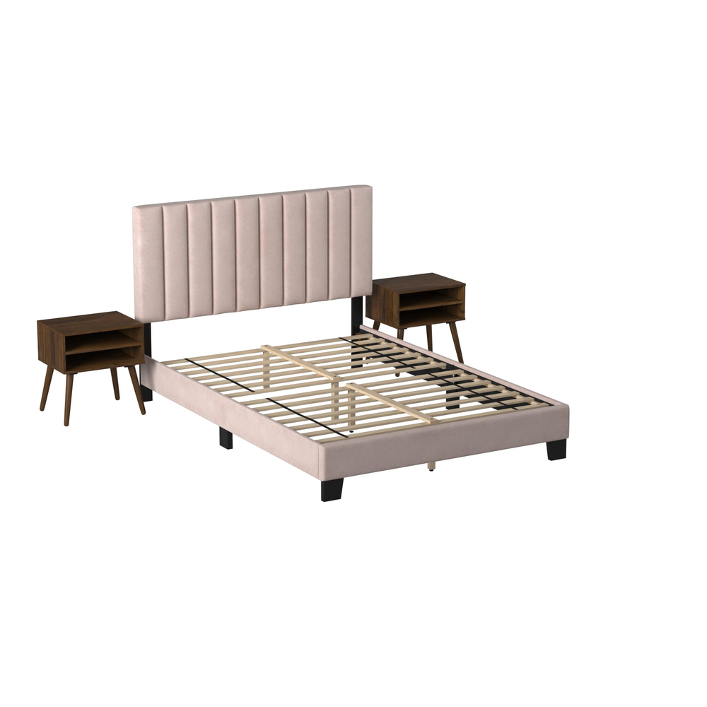 Colbie Upholstered Queen Platform Bed iWith Nightstands in Blush. Picture 3