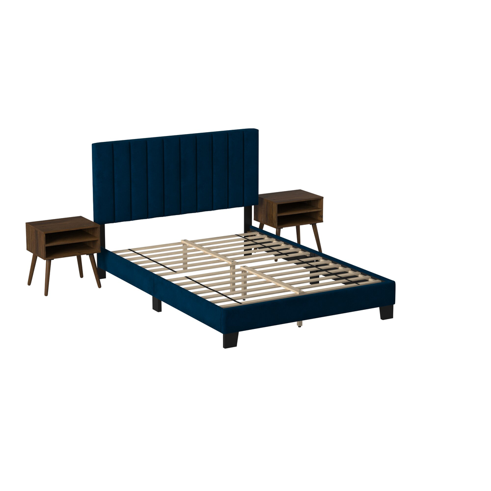 Colbie Upholstered Queen Platform Bed with Nightstands in Navy. Picture 3