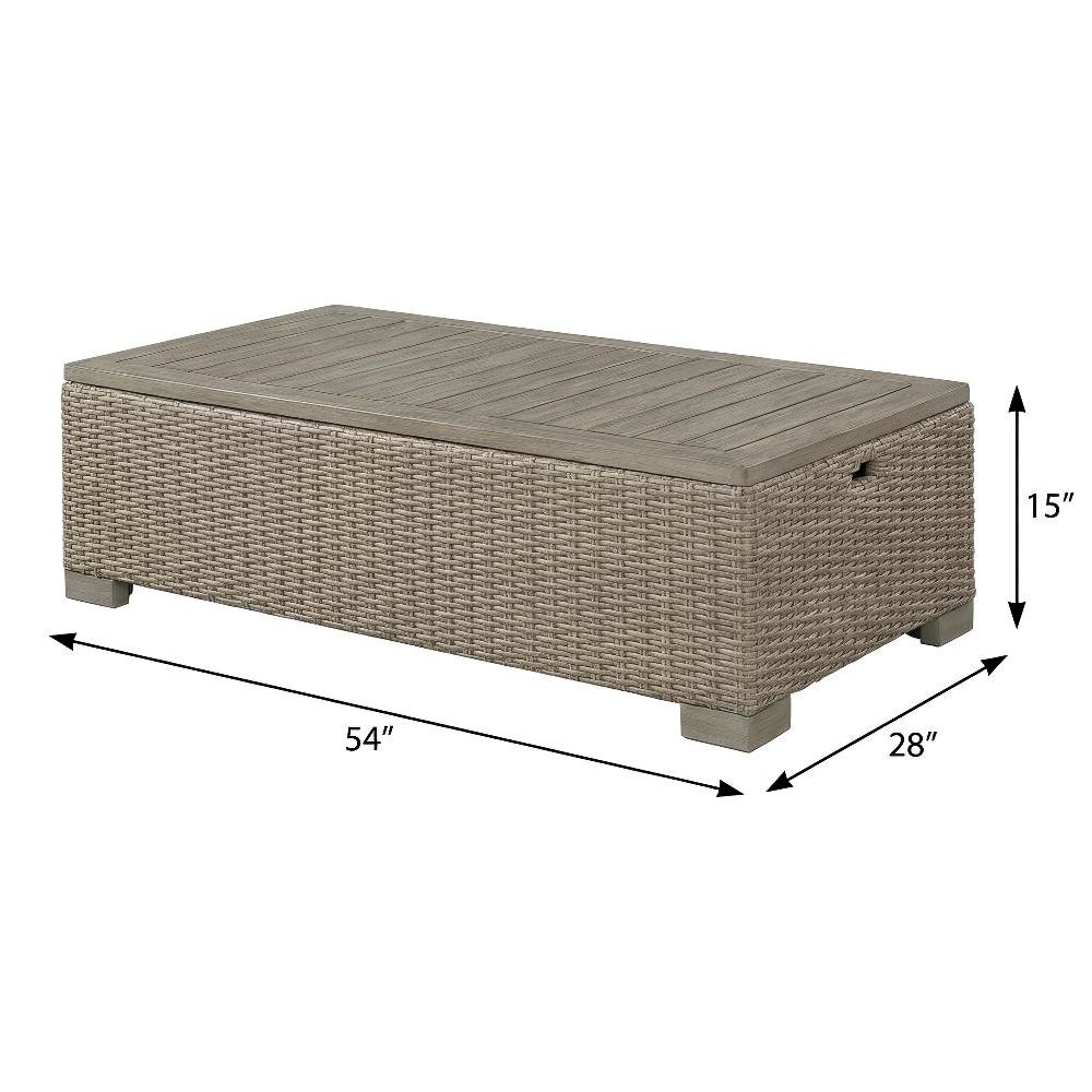 Rectangular Tan Coffee Table with Wood Legs and Transitional Design. Picture 4