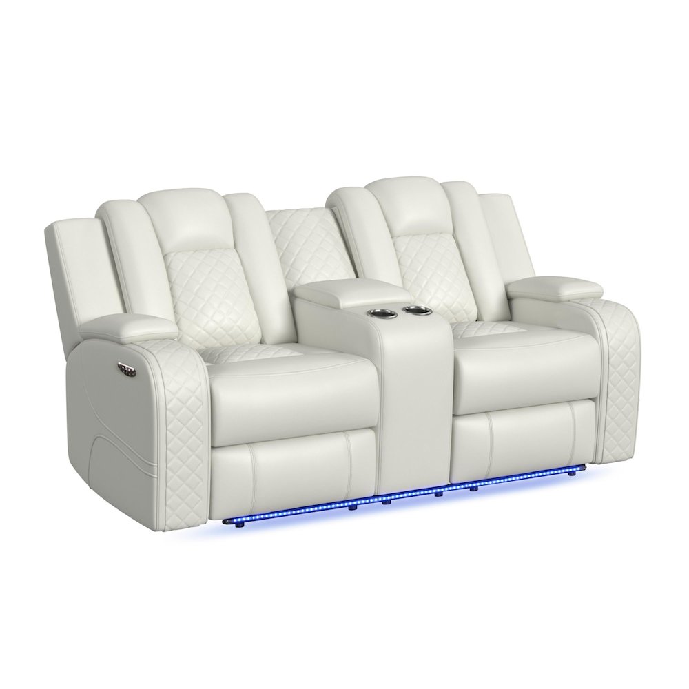 Power Motion Loveseat with Power Headrest, Console and LED in Pebble Oyster. Picture 1