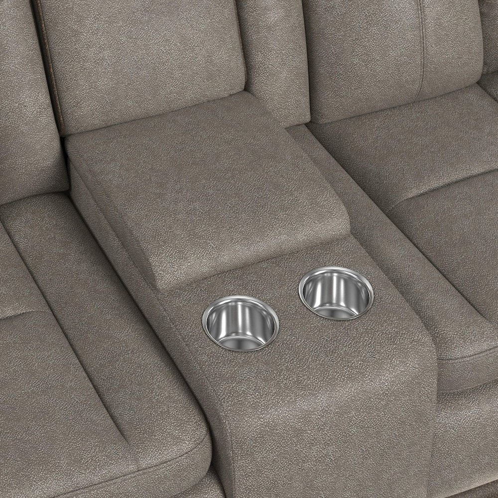 Power Motion Loveseat with Power Headrest, Led, and Console in Rocky Grey/Brown. Picture 11