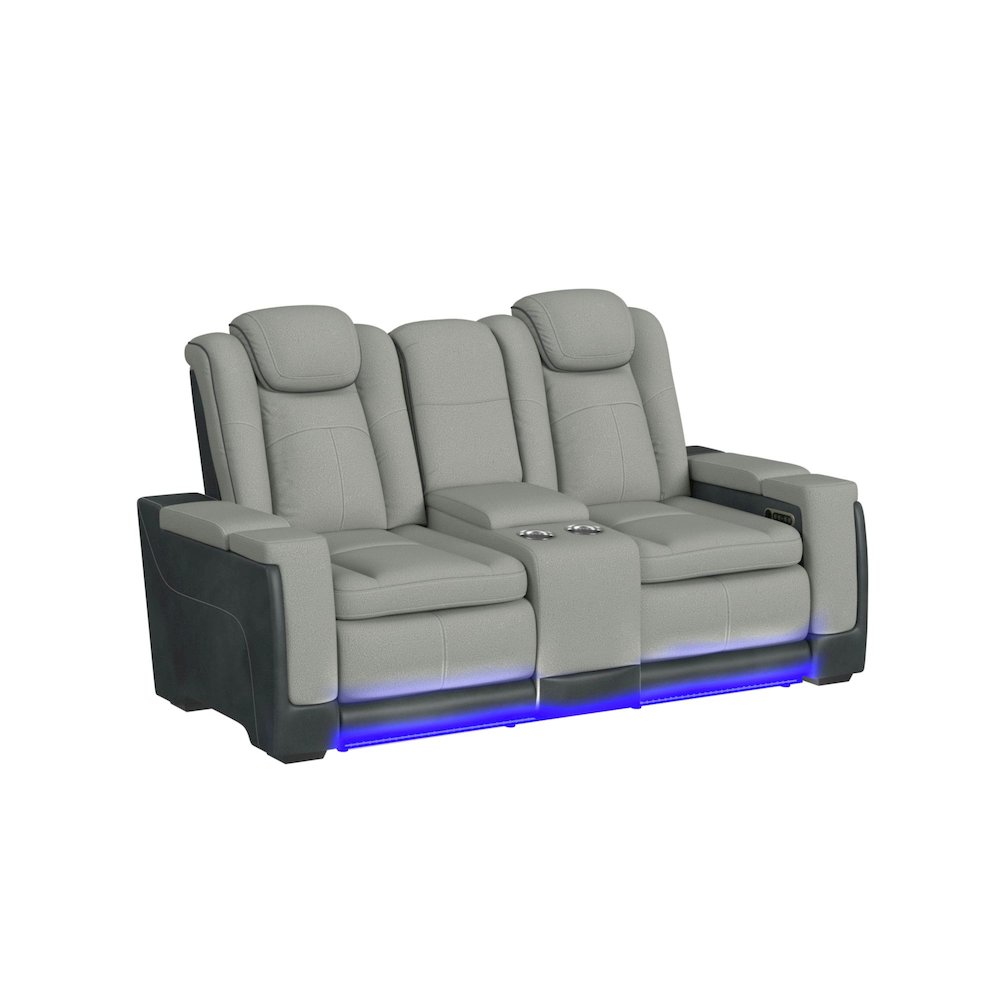 Power Motion Loveseat with Headrest, Led, and Console in Rocky Cement/Charcoal. Picture 1