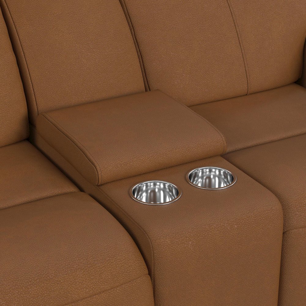 Power Motion Loveseat with Console, Power Headrest and Lumbar in Aline Butternut. Picture 6