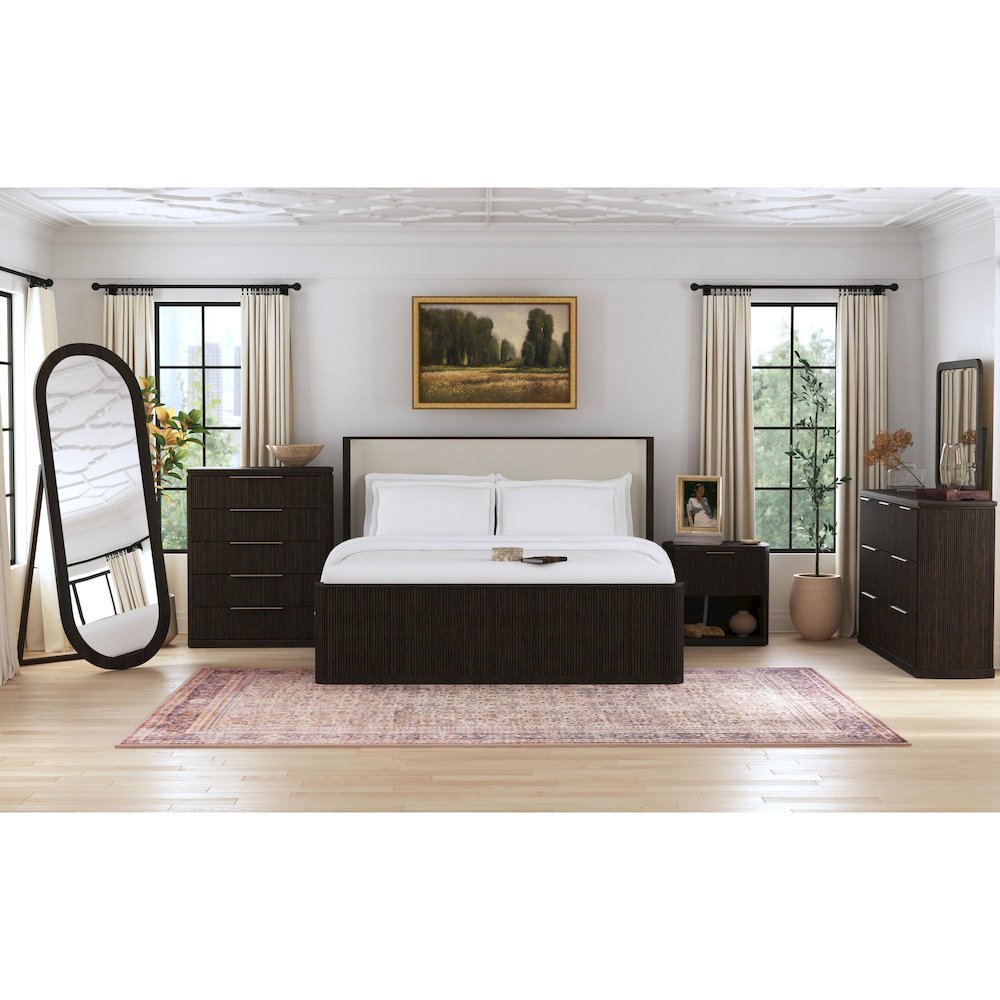 Sylvie Queen UPH Bed with White Fabric in Dark Brown. Picture 7