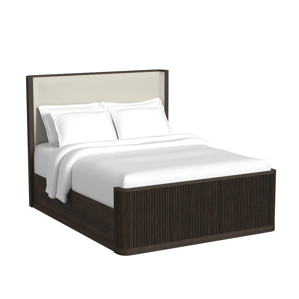 Sylvie Queen UPH Bed with White Fabric in Dark Brown. Picture 1