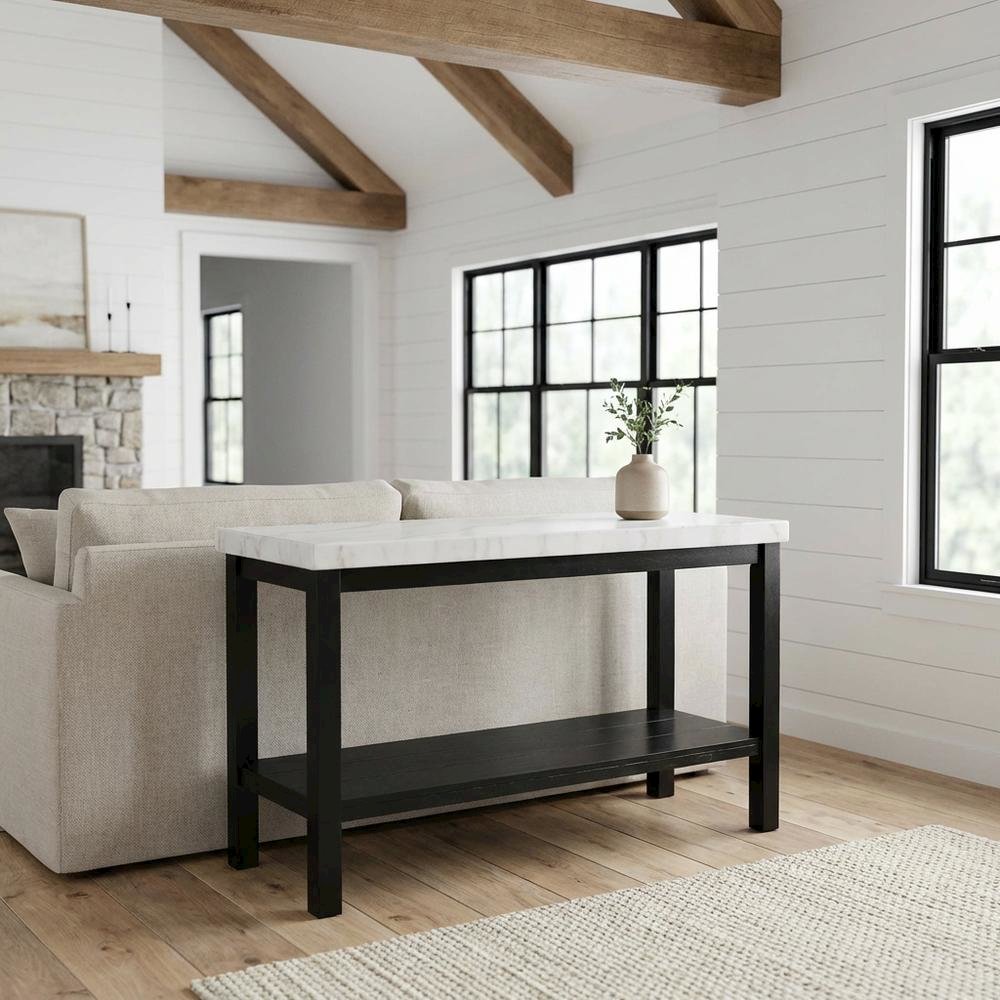 Rectangle Sofa Table, Marble Top, Transitional Console Table,Living Room,White. Picture 2