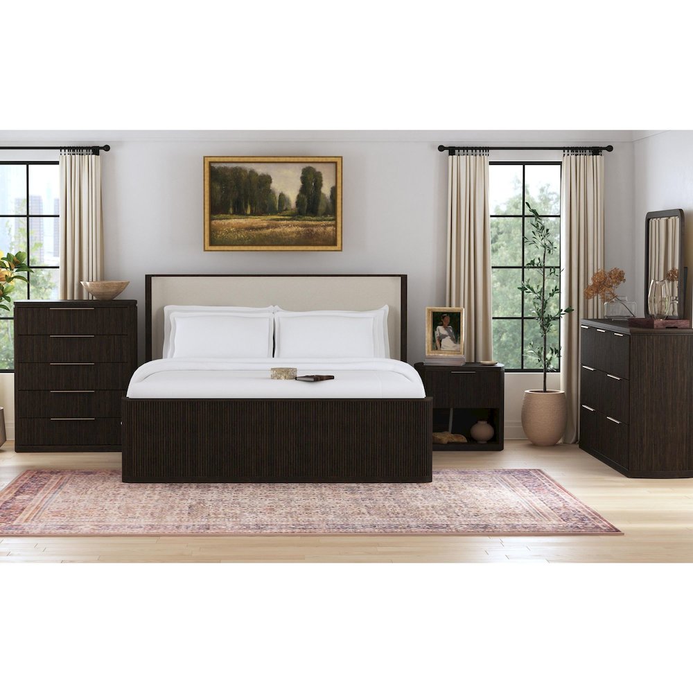Sylvie Queen UPH Bed with White Fabric in Dark Brown. Picture 6