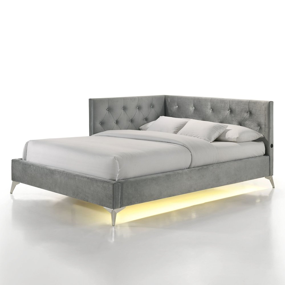 Juniper  Full UPH Corner Bed with LED and USB in Grey. Picture 1