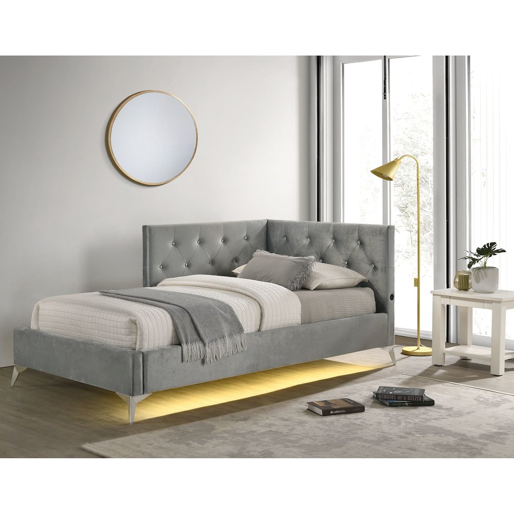Juniper Twin UPH Corner Bed with LED and USB in Grey. Picture 4