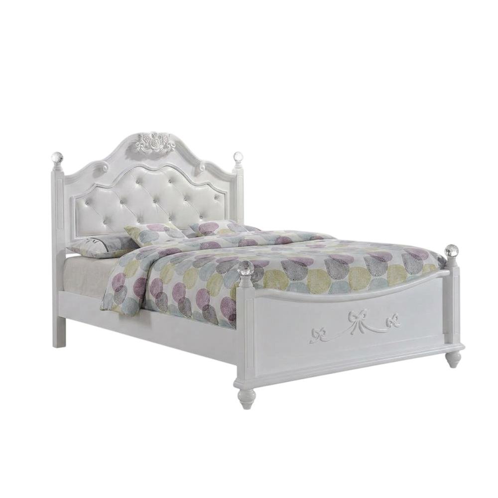 Okume Wood Full Platform Bed Frame with Headboard, Traditional Style, White. Picture 4
