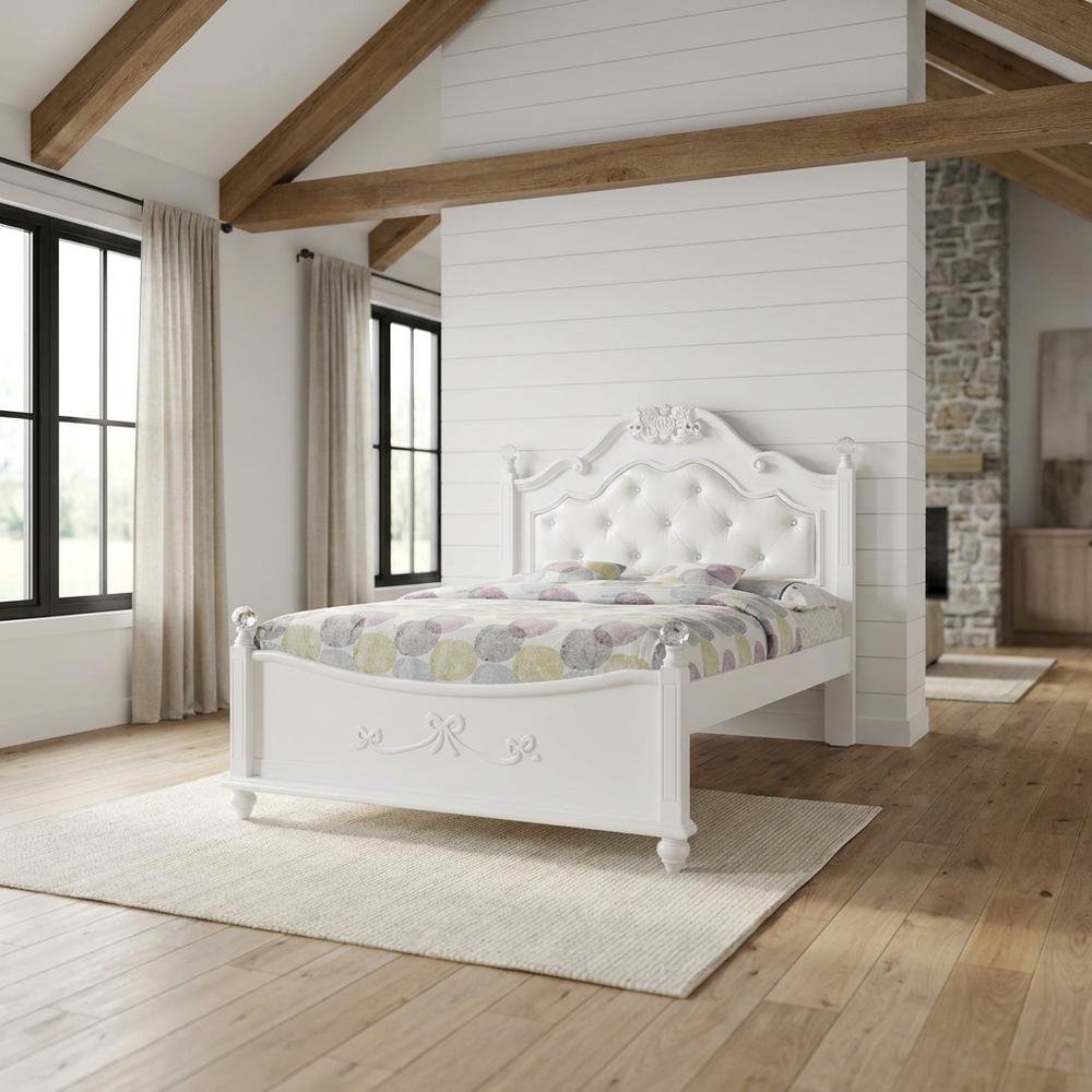 Okume Wood Full Platform Bed Frame with Headboard, Traditional Style, White. Picture 2
