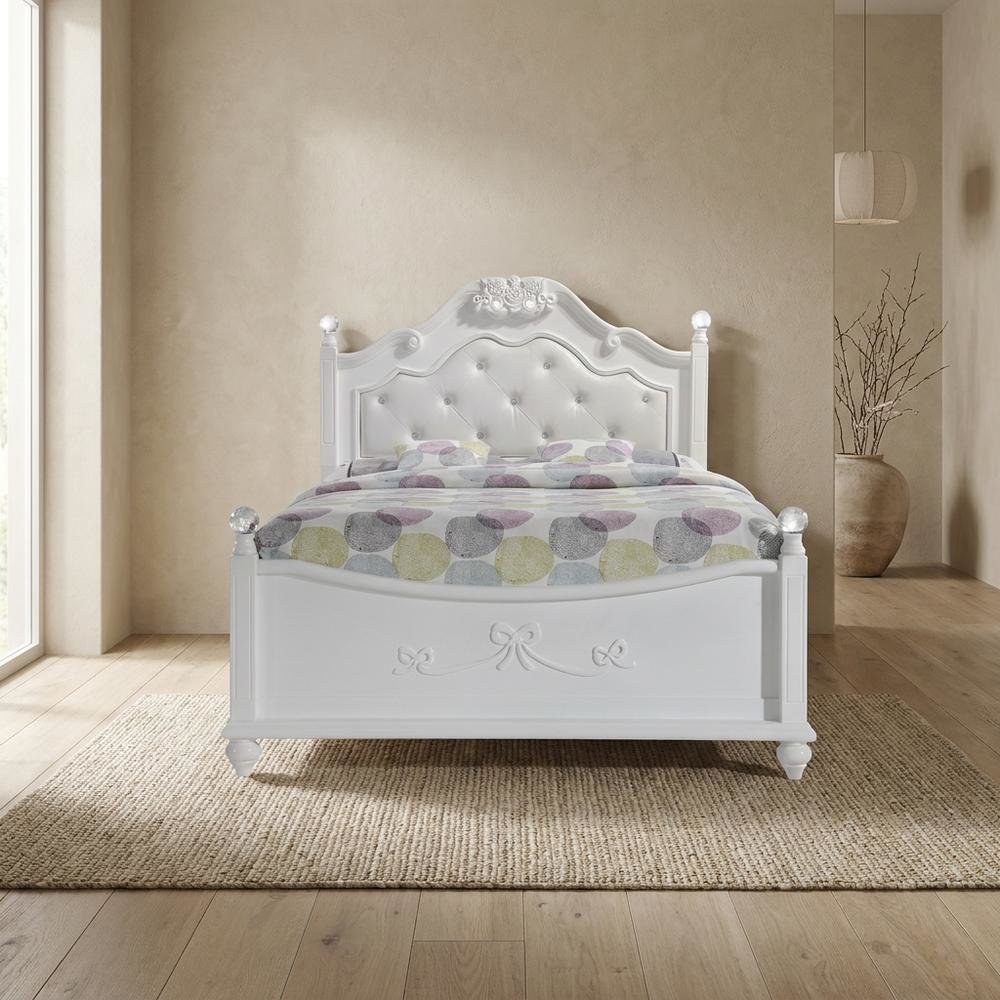 Okume Wood Full Platform Bed Frame with Headboard, Traditional Style, White. Picture 3