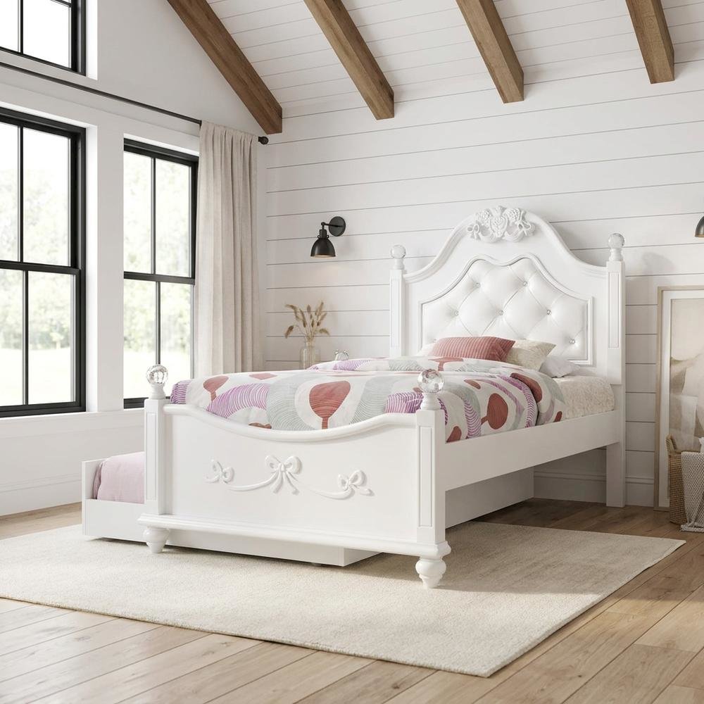 Okume Twin Platform Bed with Storage Trundle, Twin Bed with Storage, White. Picture 2