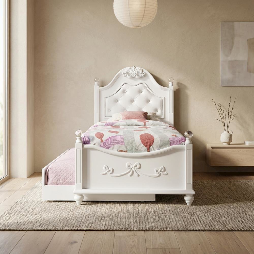 Okume Twin Platform Bed with Storage Trundle, Twin Bed with Storage, White. Picture 3