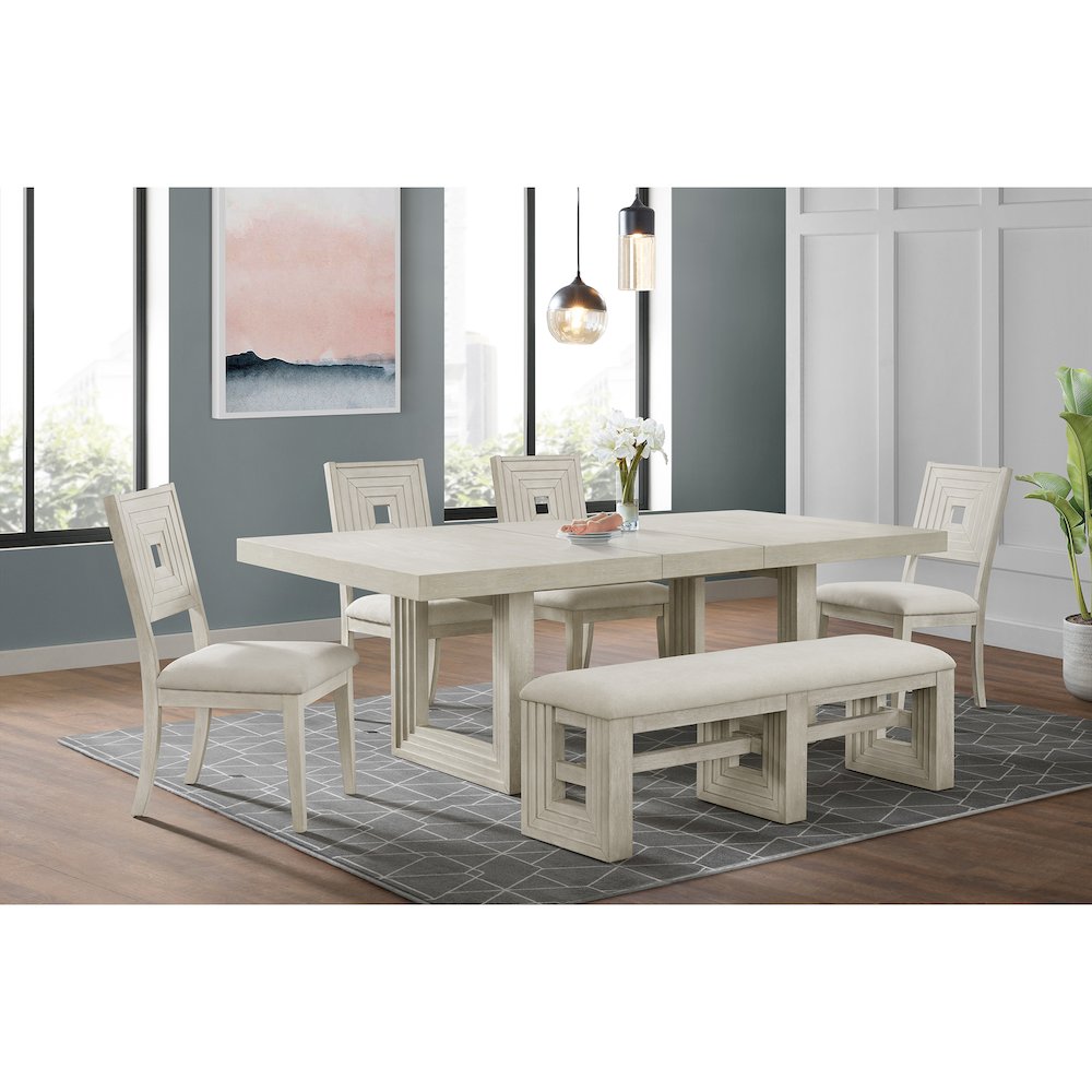 6PC Standard Height Dining Set in Antique White-Table, Four Chairs & Bench. Picture 4